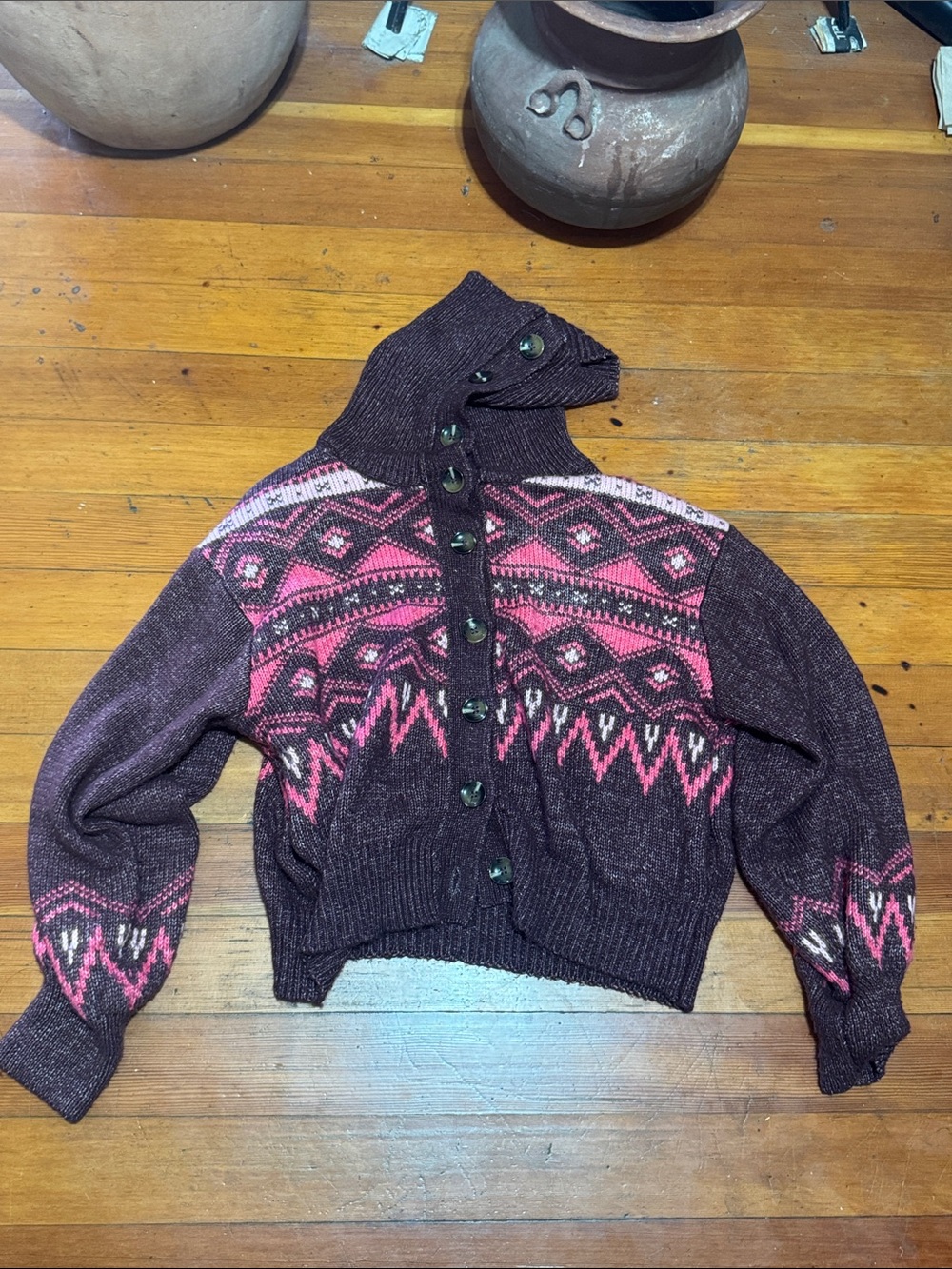 Who What Wear Maroon and Pink Patterned Button-Up Cardigan